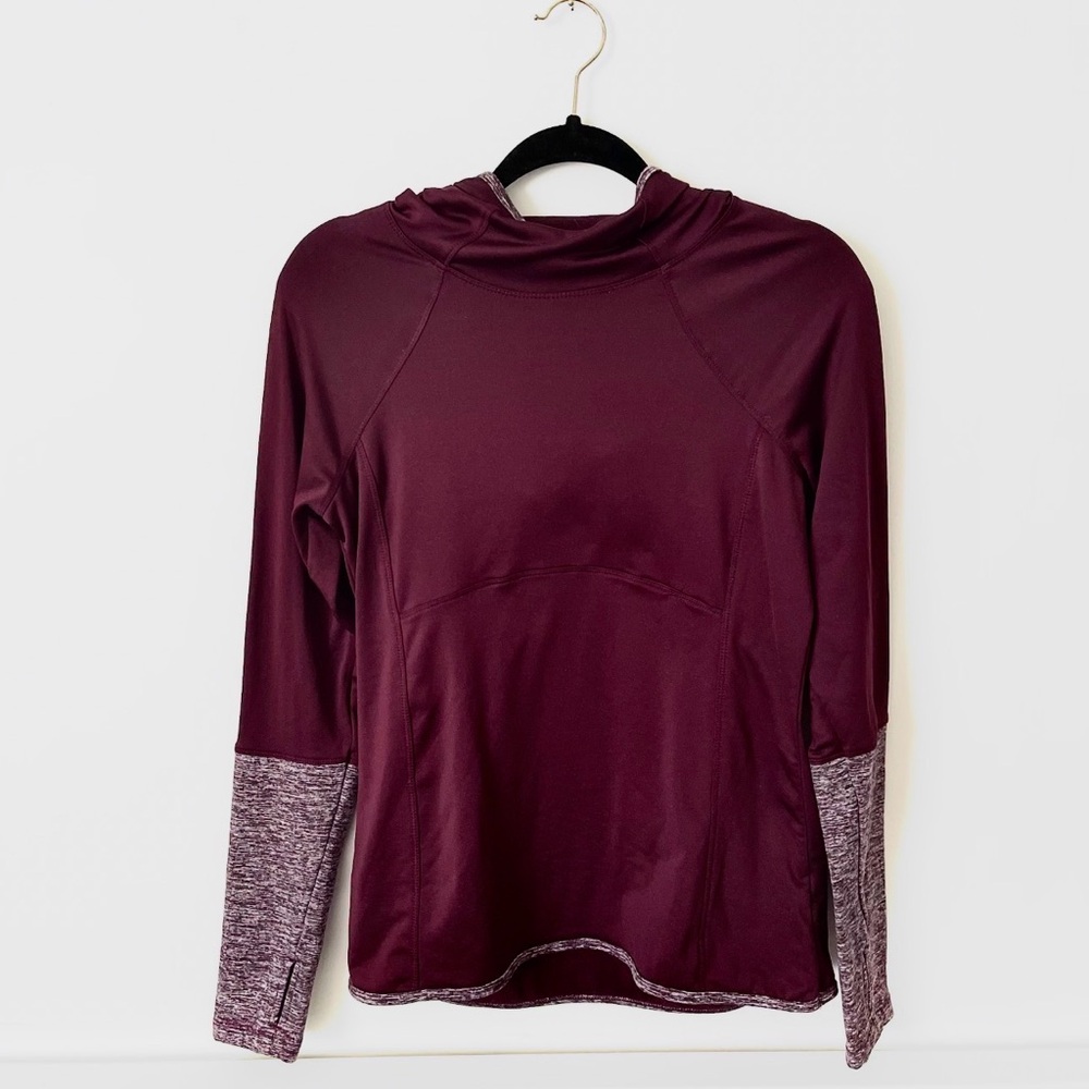 Burgundy Athleisure Hoodie Thumb Hole Sleeves Athletic Gym Pullover Sweatshirt